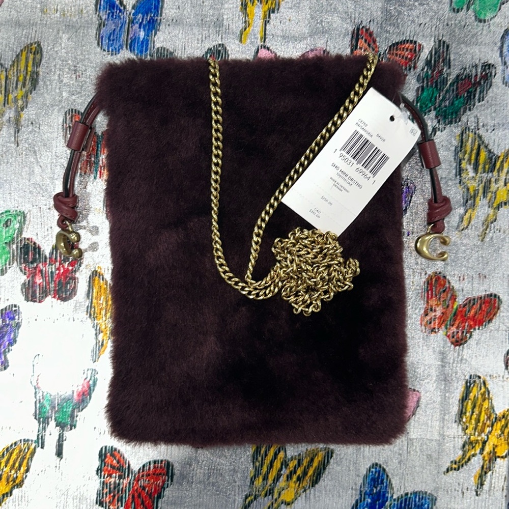 Coach Shearling Mini Drawstring Sangria BNWT $250